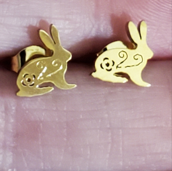 Bunny rabbit Stud earrings real gold stainless steel New Easter - Picture 8 of 9